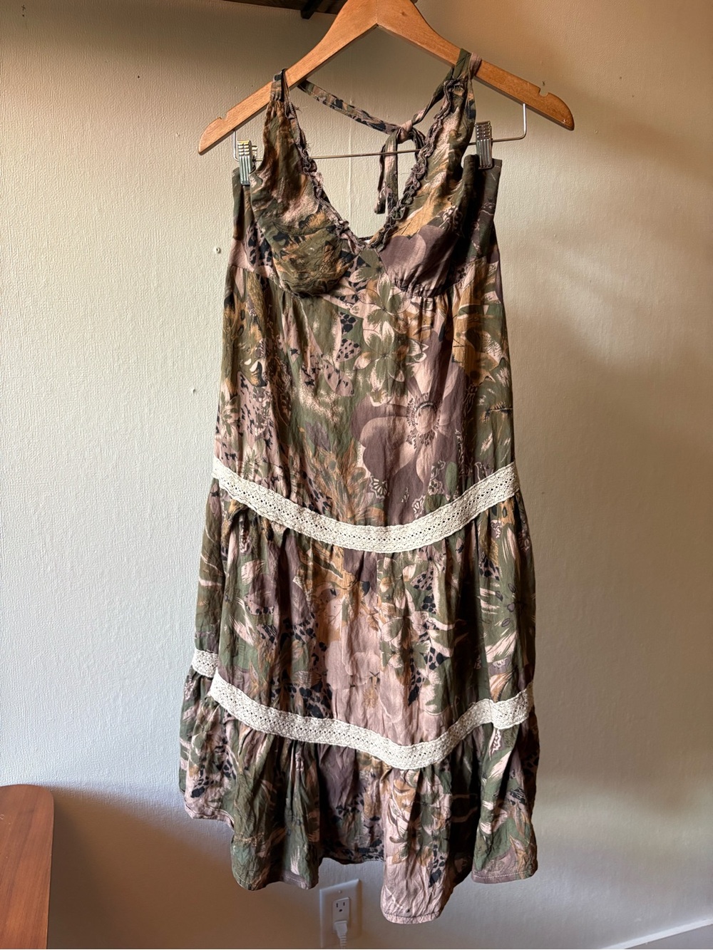 Halter Tiered Floral Maxi Dress in Olive Brown